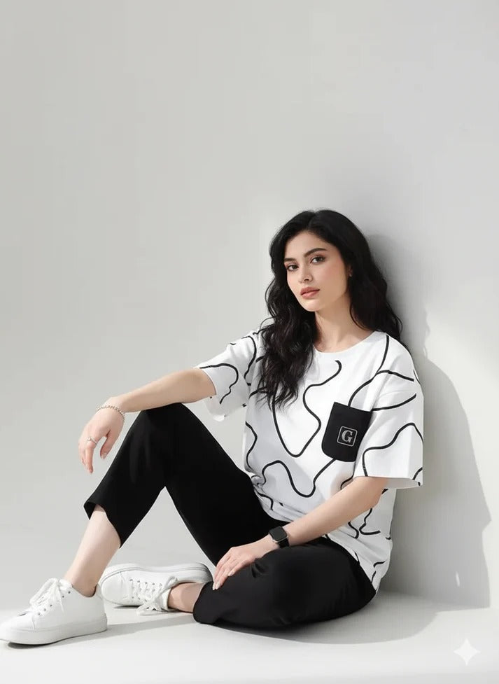 white and  black pocket  design night suit premium fabric for girls and woman