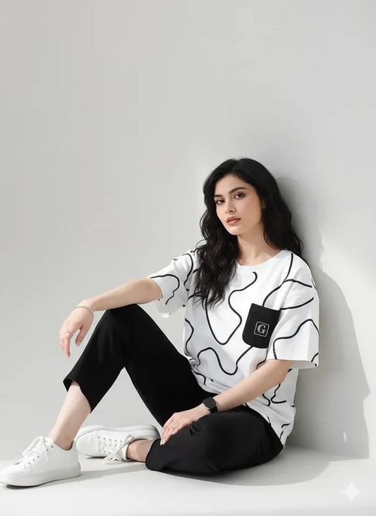 white and  black pocket  design night suit premium fabric for girls and woman