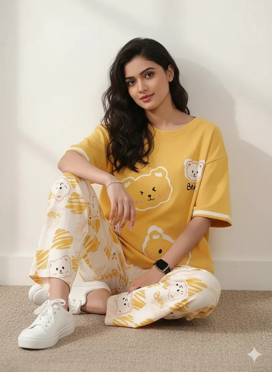 Yellow 3 bear  design night suit premium fabric for girls and woman