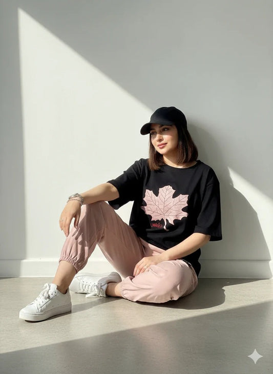 BLACK AND PINK LEAF DESIGN  NIGHTSUIT FABRIC  COTTON JARSY