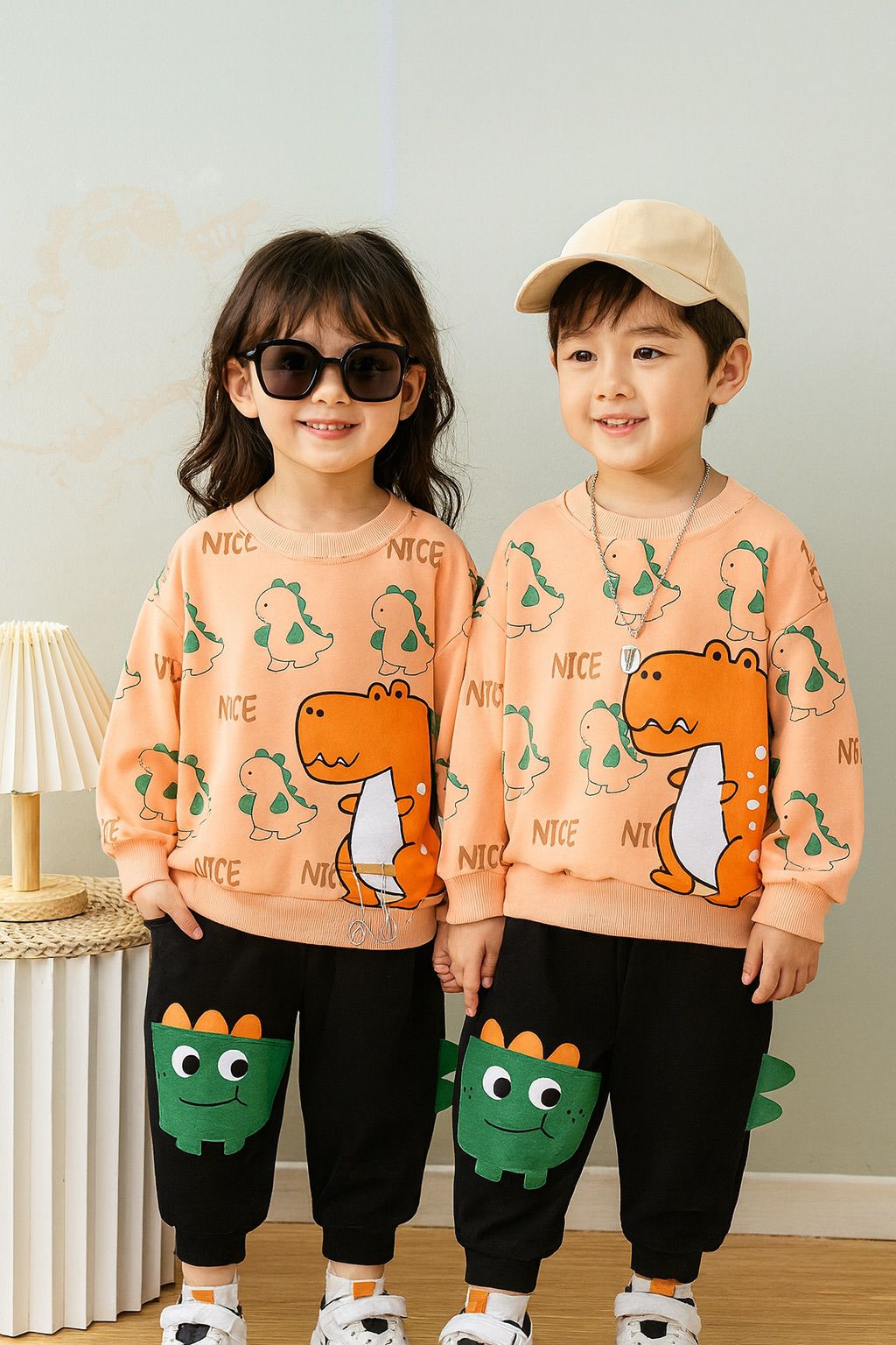peach dragon printed  kids suit for winter