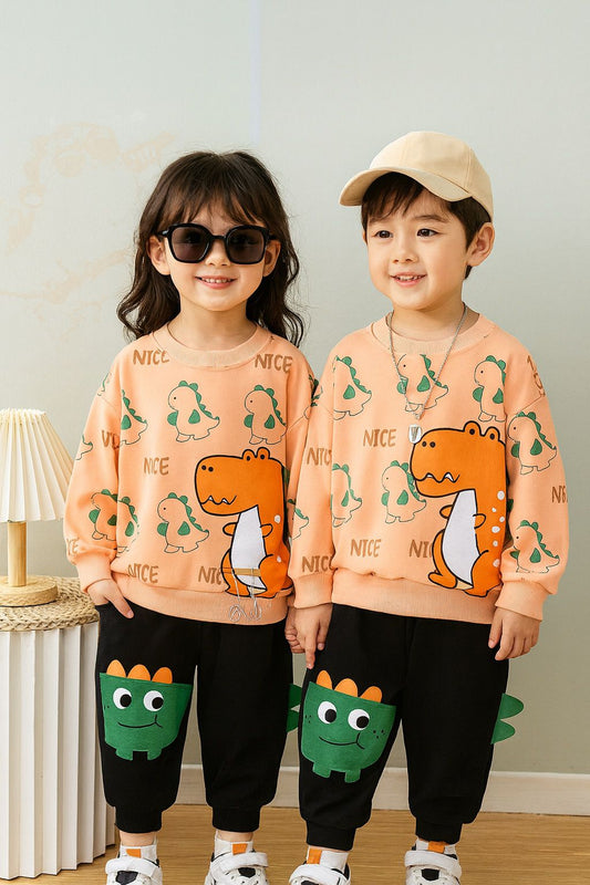 peach dragon printed  kids suit for winter