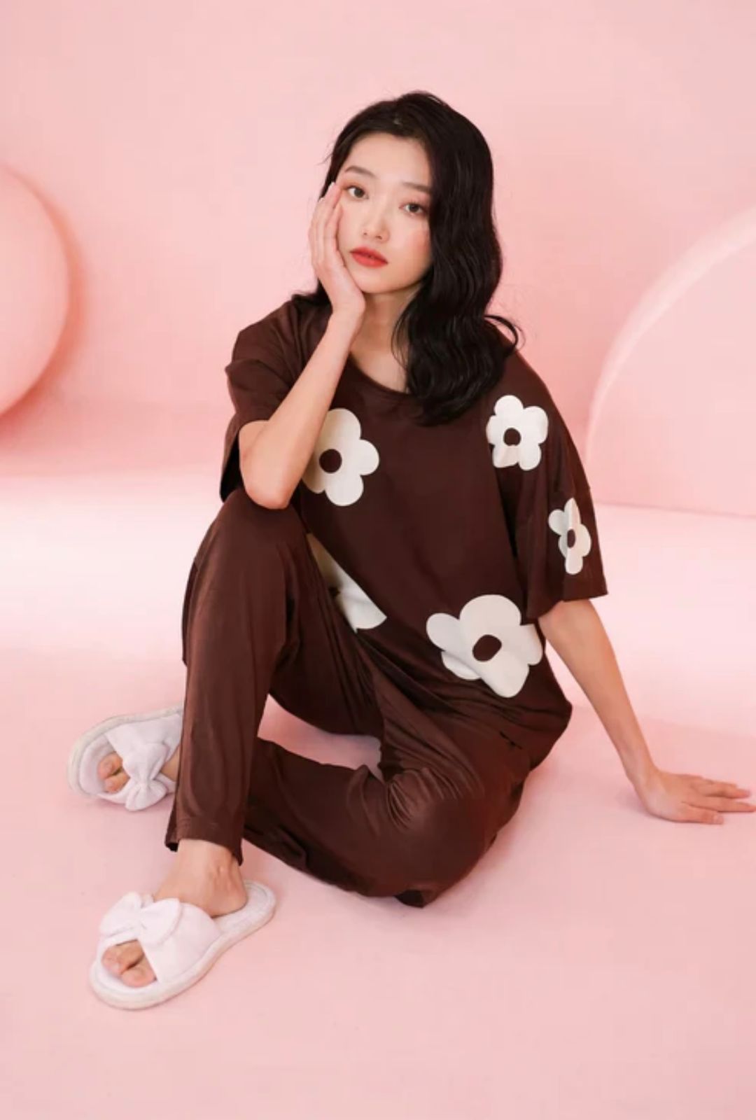 brown flower design night suit premium fabric for girls and woman - M.H fashion 