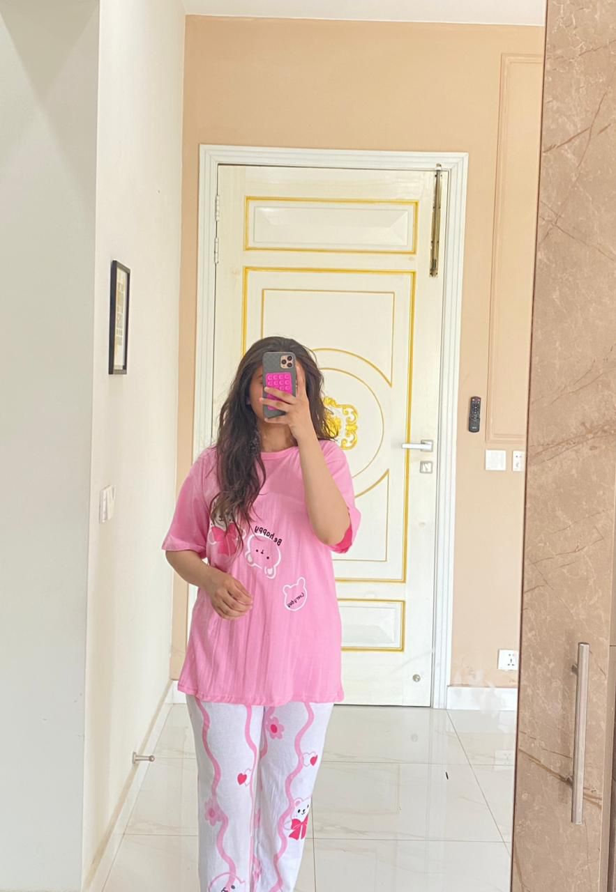 pink happy bear design night suit premium fabric for girls and woman - M.H fashion 