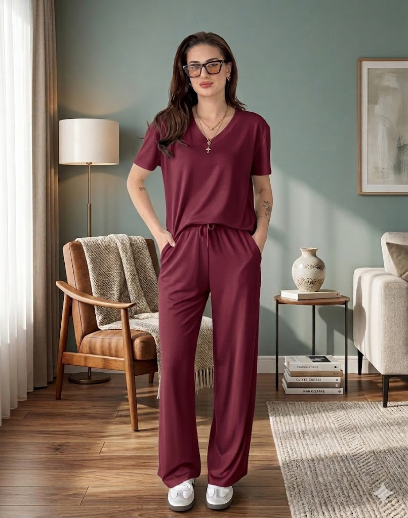 maroon v neck half sleeves  style night suit in soft cotton fabric - M.H fashion 