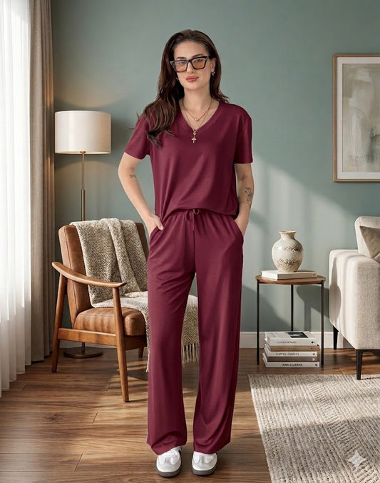 maroon v neck half sleeves  style night suit in soft cotton fabric - M.H fashion 