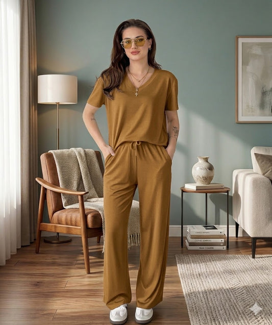 mustard v neck half sleeves  style night suit in soft cotton fabric - M.H fashion 