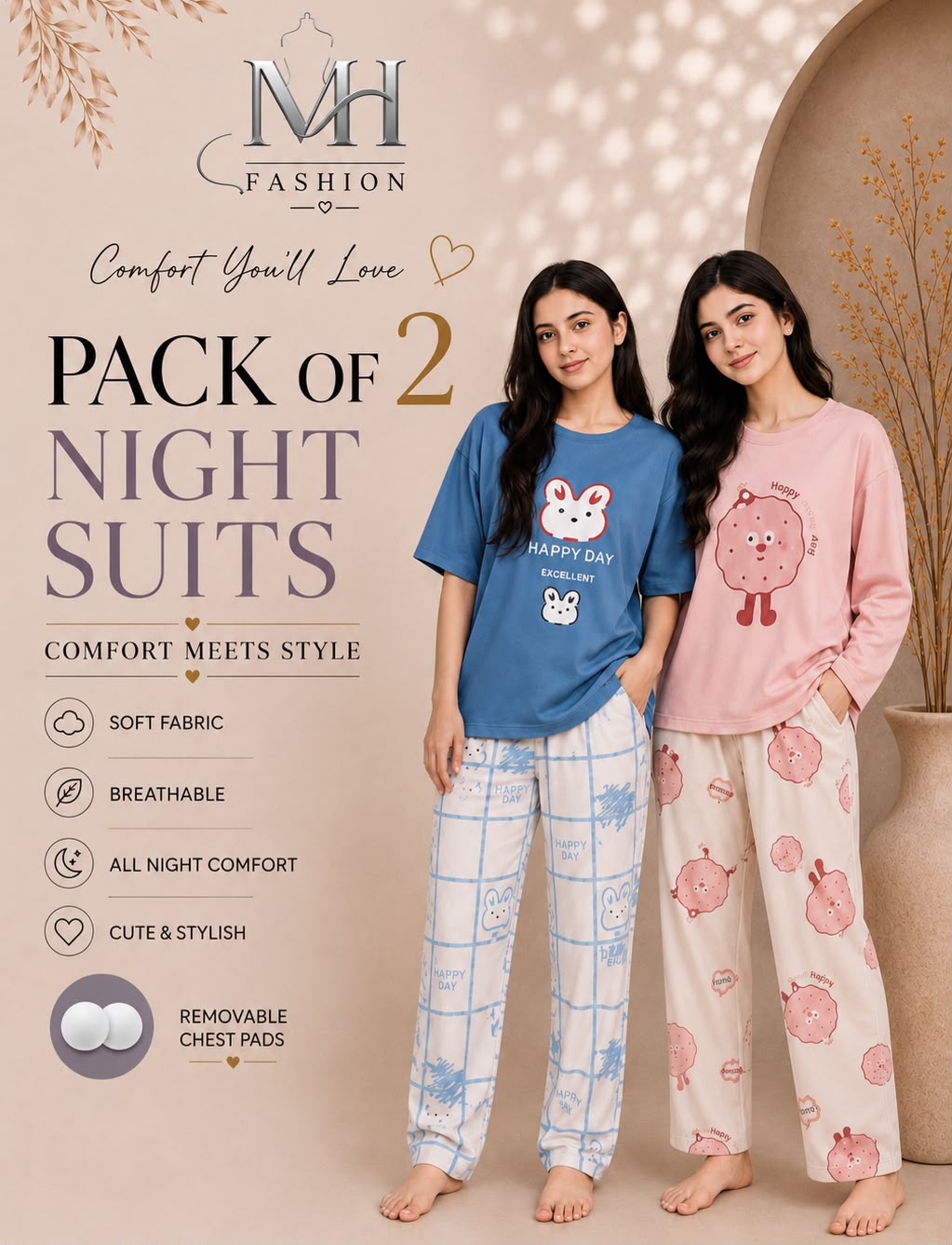 blue rabbit and  pink donut pack of two night suit