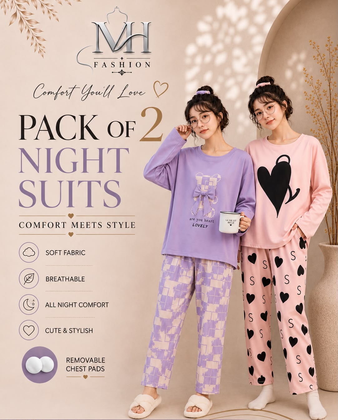 purple check heart  and pink double heart pack of two night suit  full  sleeves
