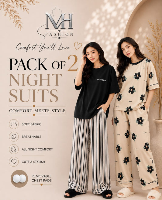 black lining and cream flower pack of two night suit full sleeves
