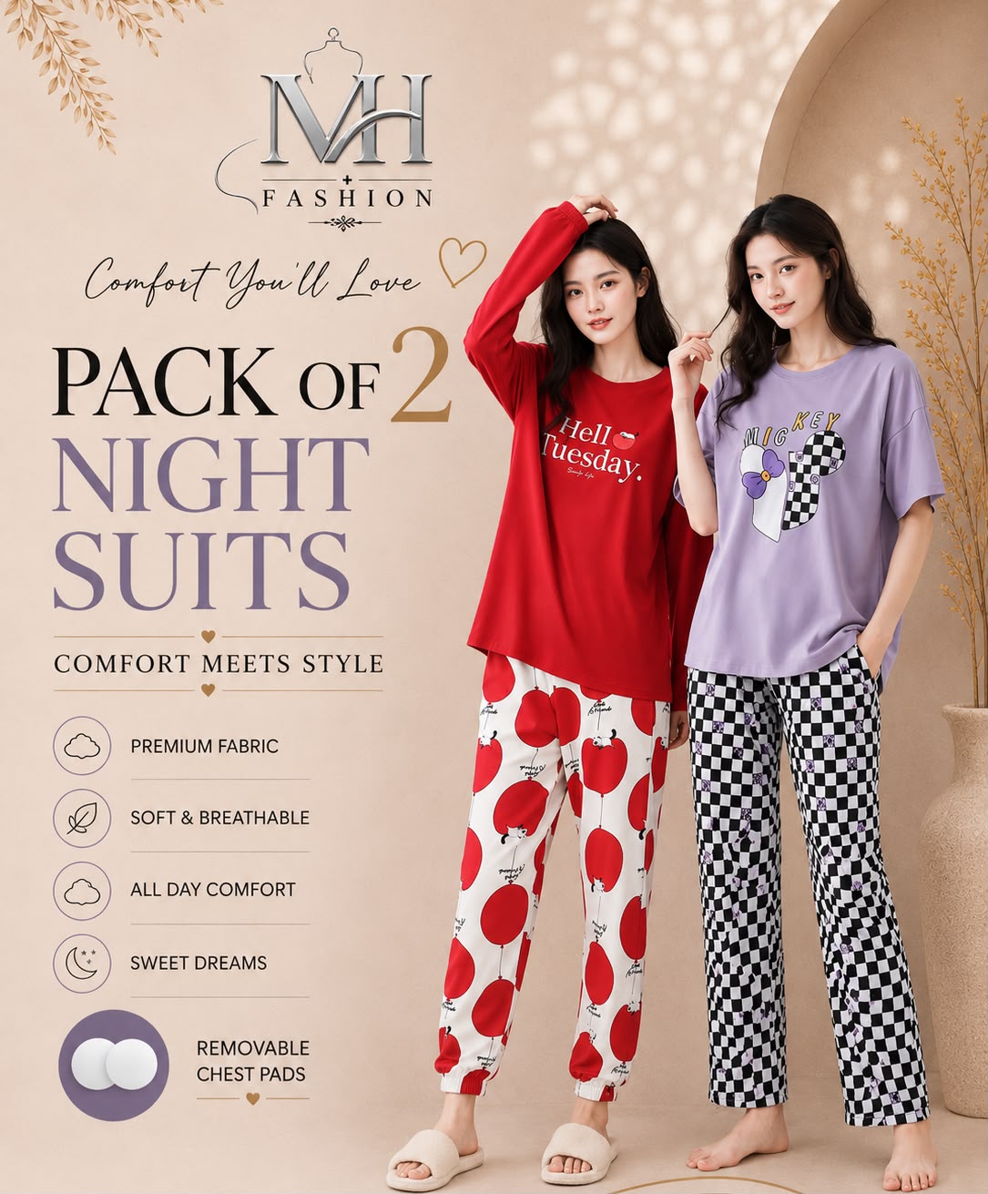 purple check heart  and  red hello tuesday pack of two night suit