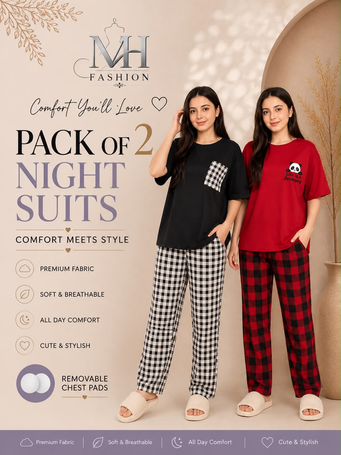 red panda and black check pocket pack of two night suit