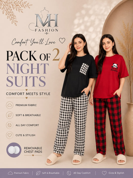 red panda and black check pocket pack of two night suit