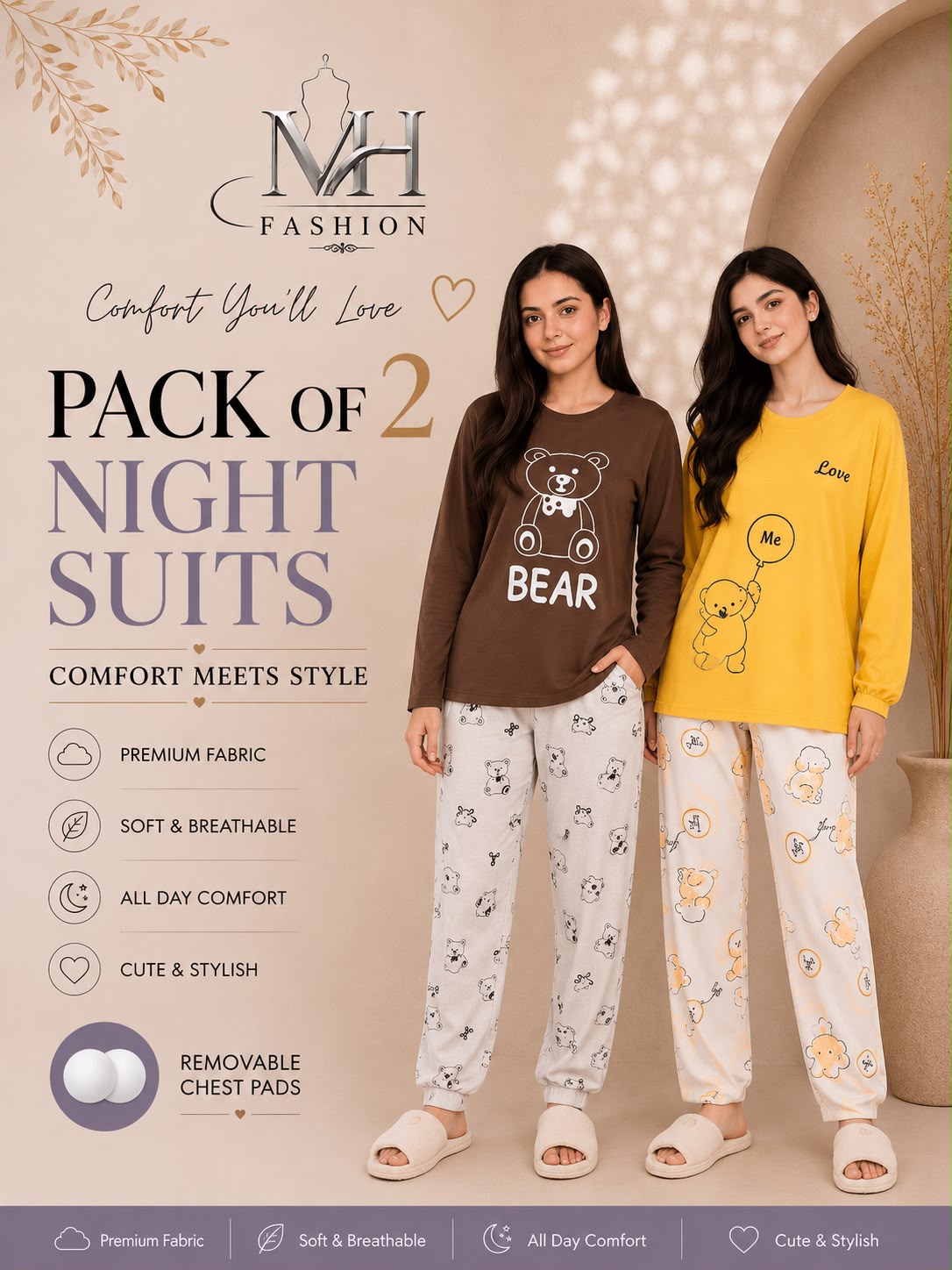 brown bear  and yellow love  pack of two night suit