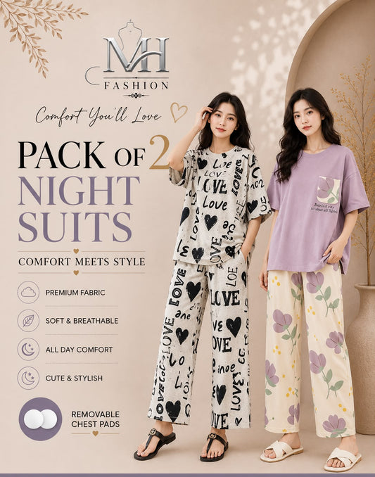 cream big love and  purple pocket pack of two night suit