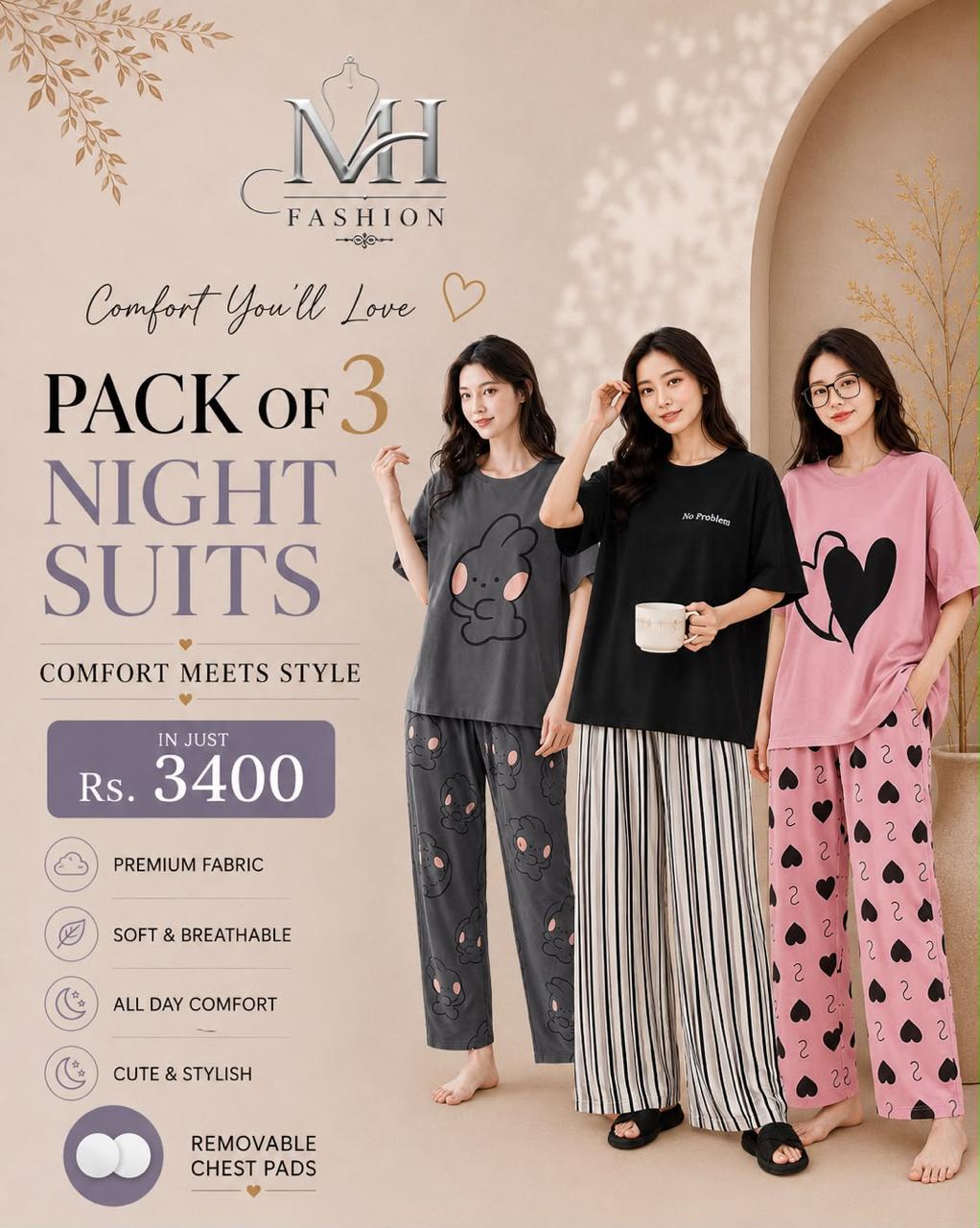 Pack of 3 Women's Cotton Jersey Night Suits – Soft & Comfortable Sleepwear
