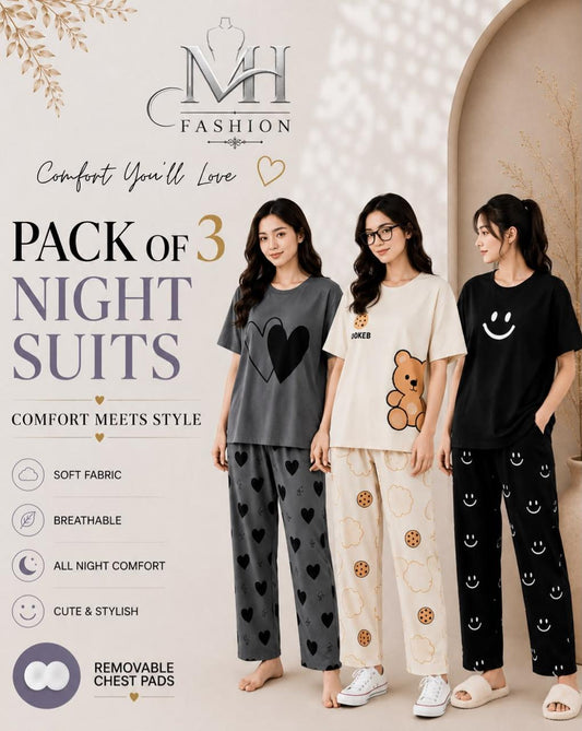 Pack of 3 Women's Cotton Jersey Night Suits – Soft & Comfortable Sleepwear