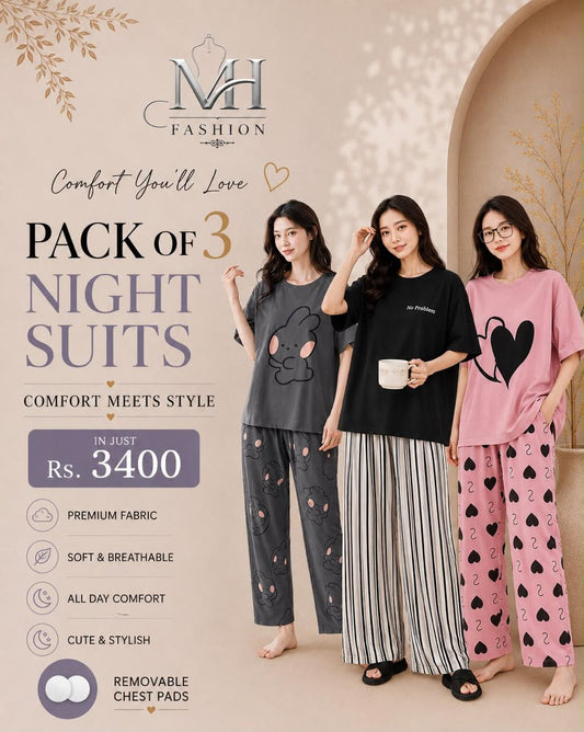 Pack of 3 Women's Cotton Jersey Night Suits – Soft & Comfortable Sleepwear