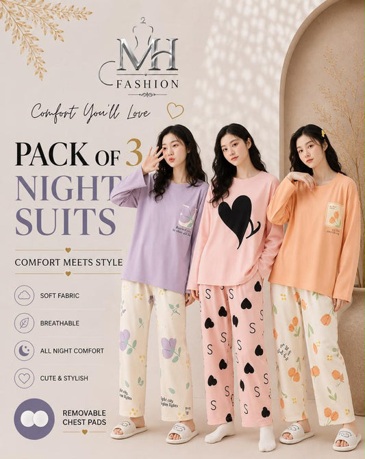 Pack of 3 Women's Cotton Jersey Night Suits – Soft & Comfortable Sleepwear