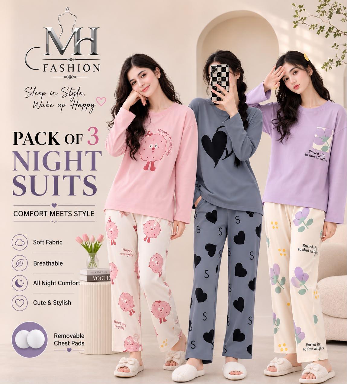 Pack of 3 Women's Cotton Jersey Night Suits – Soft & Comfortable Sleepwear