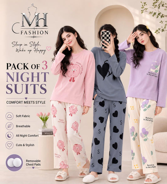 Pack of 3 Women's Cotton Jersey Night Suits – Soft & Comfortable Sleepwear