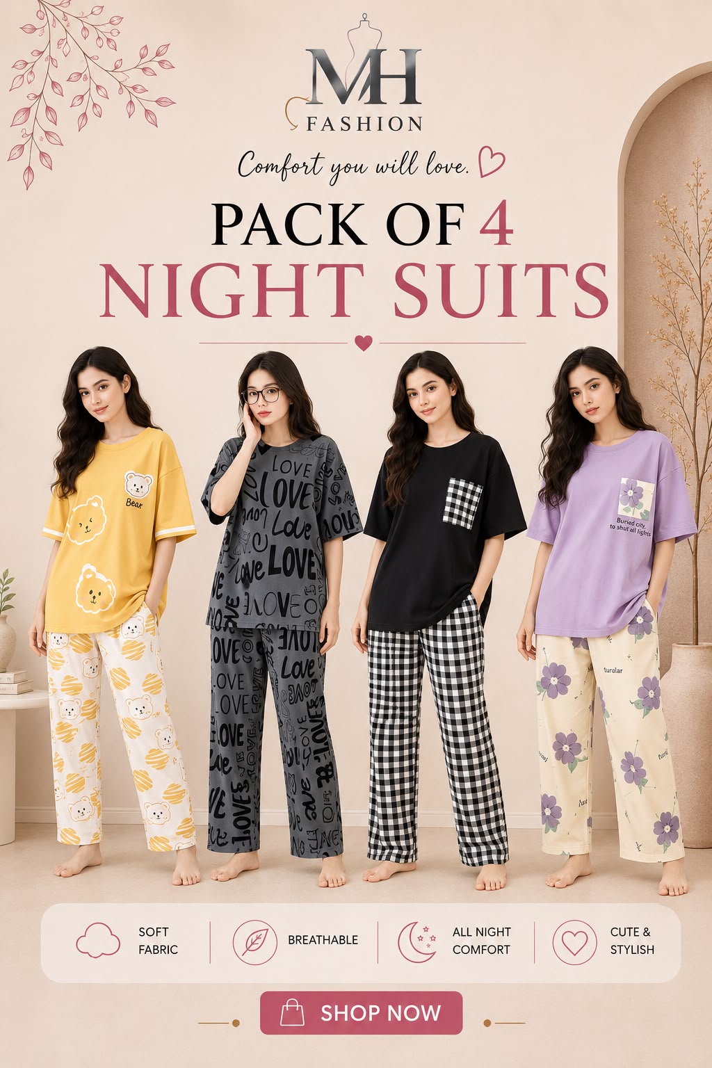 Pack of 4 Women's Cotton Jersey Night Suits – Soft & Comfortable Sleepwear