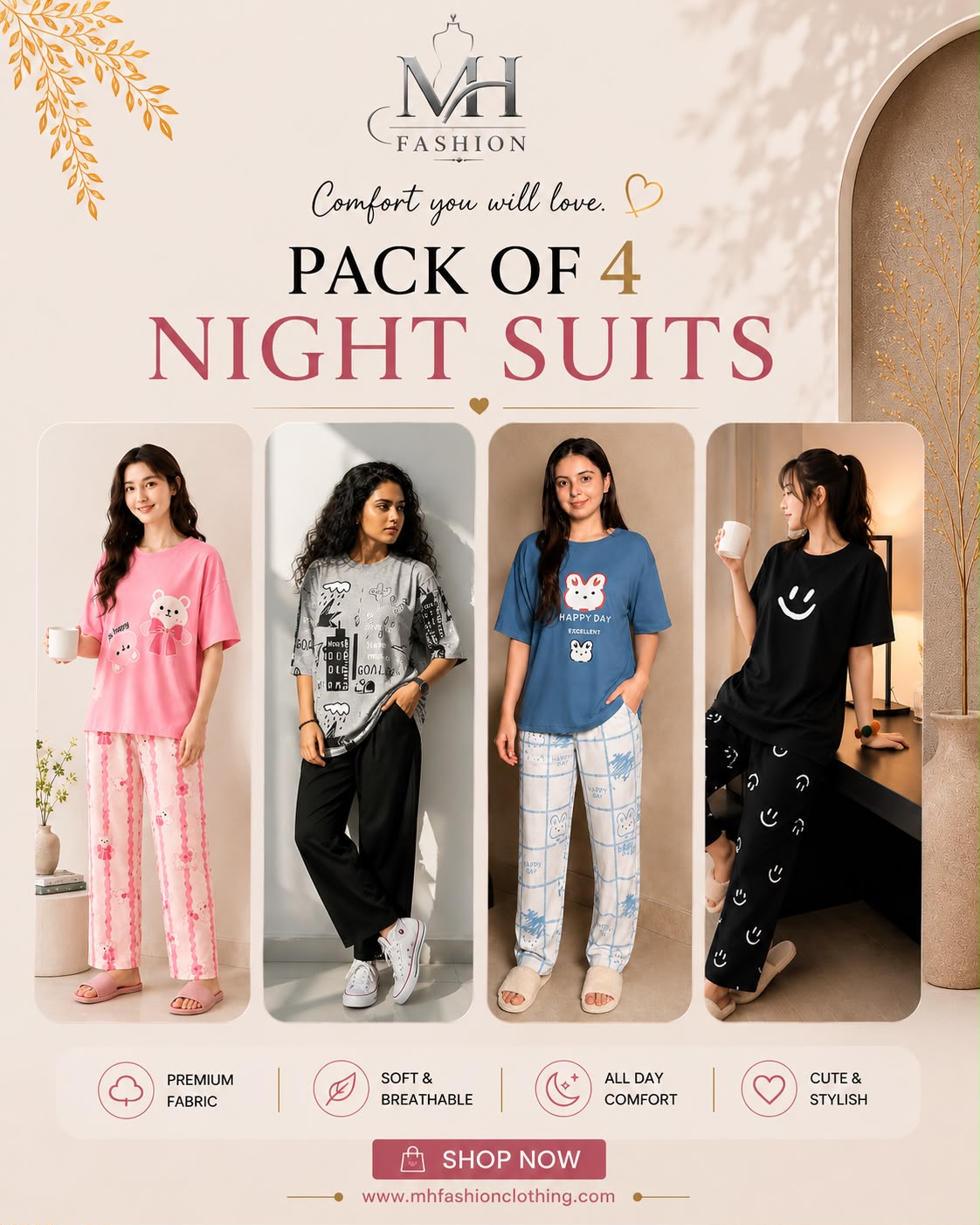 Pack of 4 Women's Cotton Jersey Night Suits – Soft & Comfortable Sleepwear