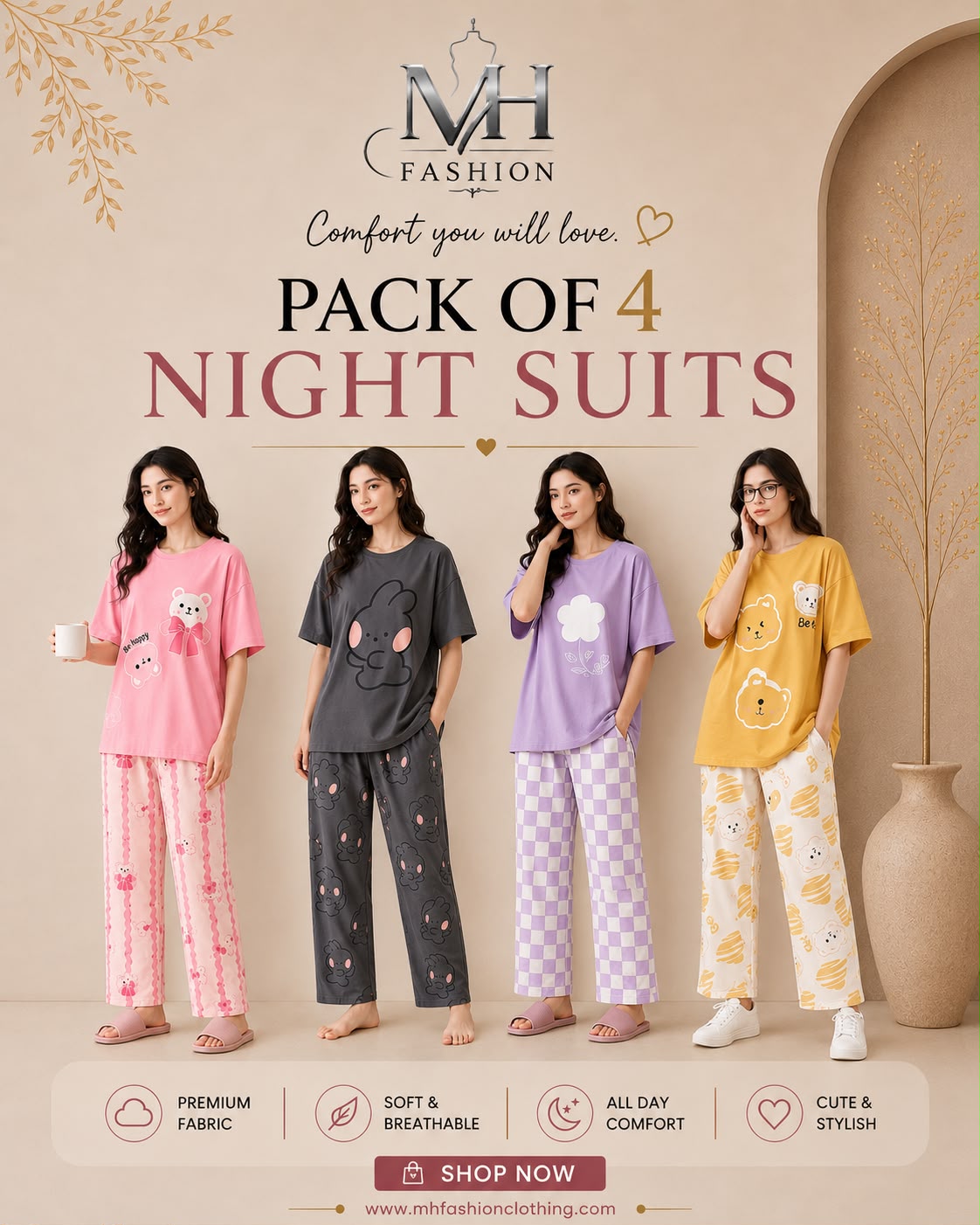 Pack of 4 Women's Cotton Jersey Night Suits – Soft & Comfortable Sleepwear