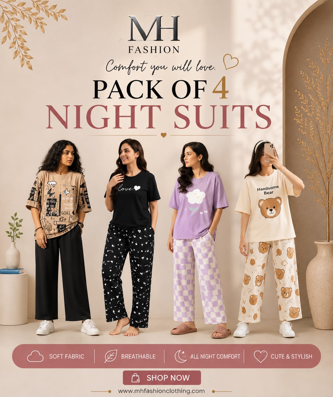 Pack of 4 Women's Cotton Jersey Night Suits – Soft & Comfortable Sleepwear
