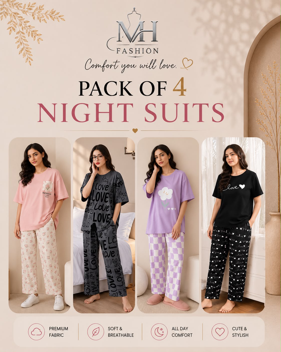 Pack of 4 Women's Cotton Jersey Night Suits – Soft & Comfortable Sleepwear