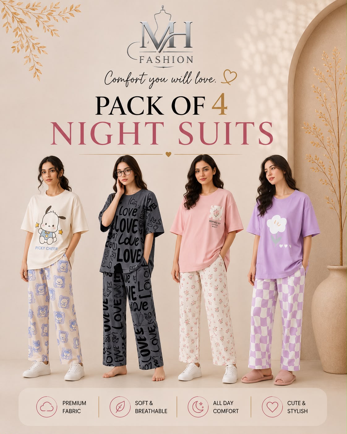 Pack of 4 Women's Cotton Jersey Night Suits – Soft & Comfortable Sleepwear