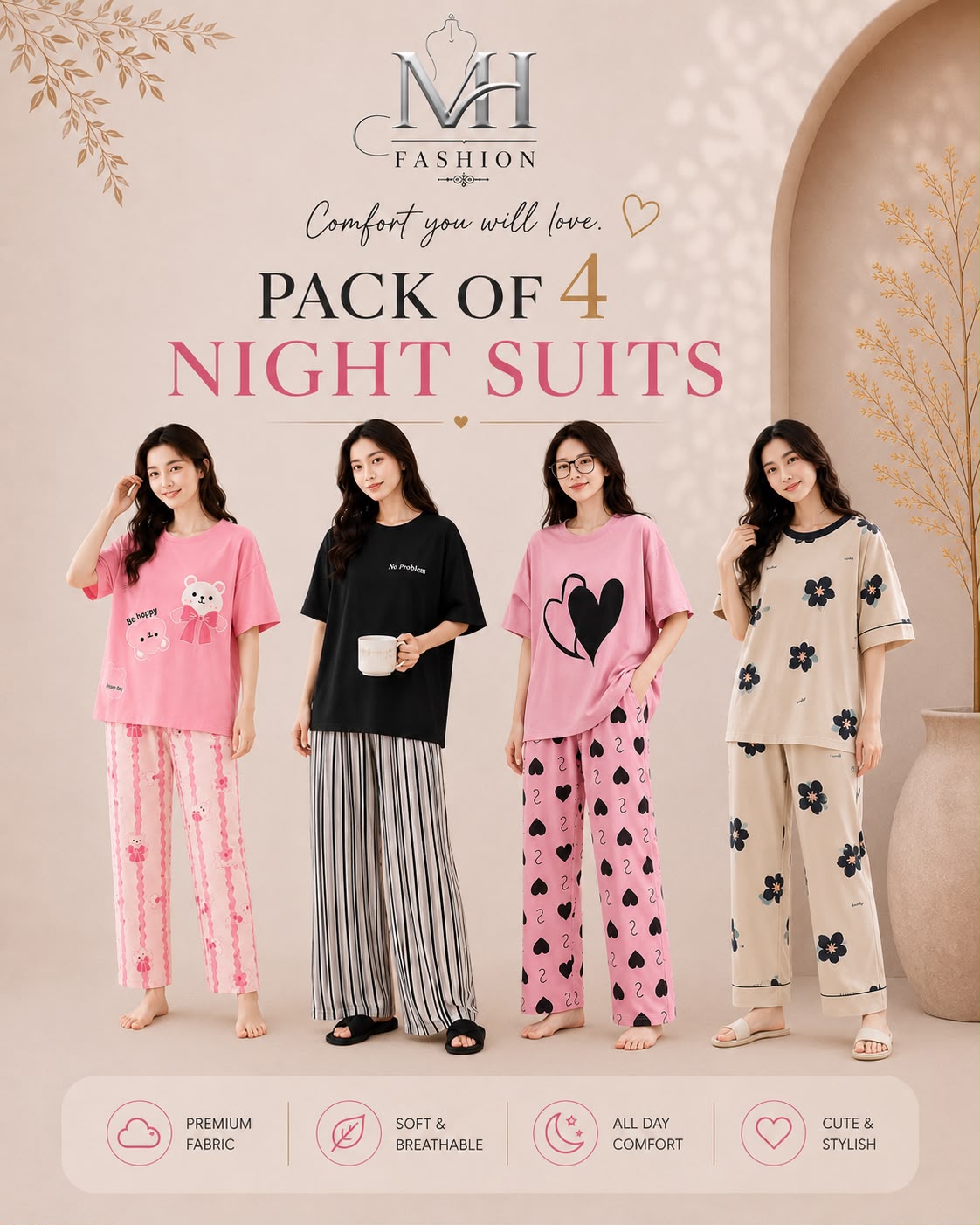 Pack of 4 Women's Cotton Jersey Night Suits – Soft & Comfortable Sleepwear