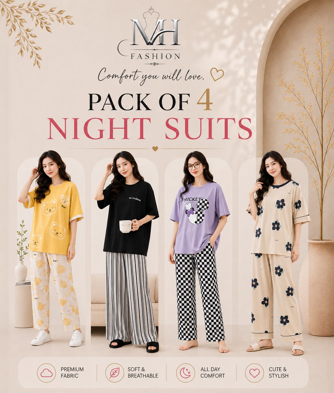 Pack of 4 Women's Cotton Jersey Night Suits – Soft & Comfortable Sleepwear
