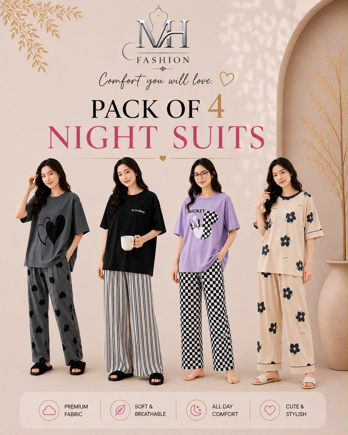 Pack of 4 Women's Cotton Jersey Night Suits – Soft & Comfortable Sleepwear