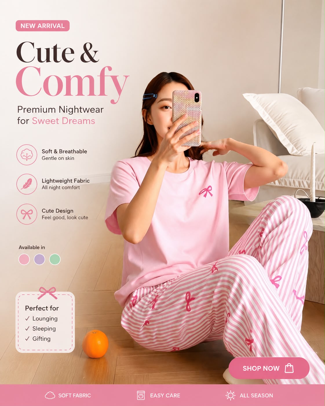 pink lining  Printed Night Suit for Women – Soft Cotton PJ Set