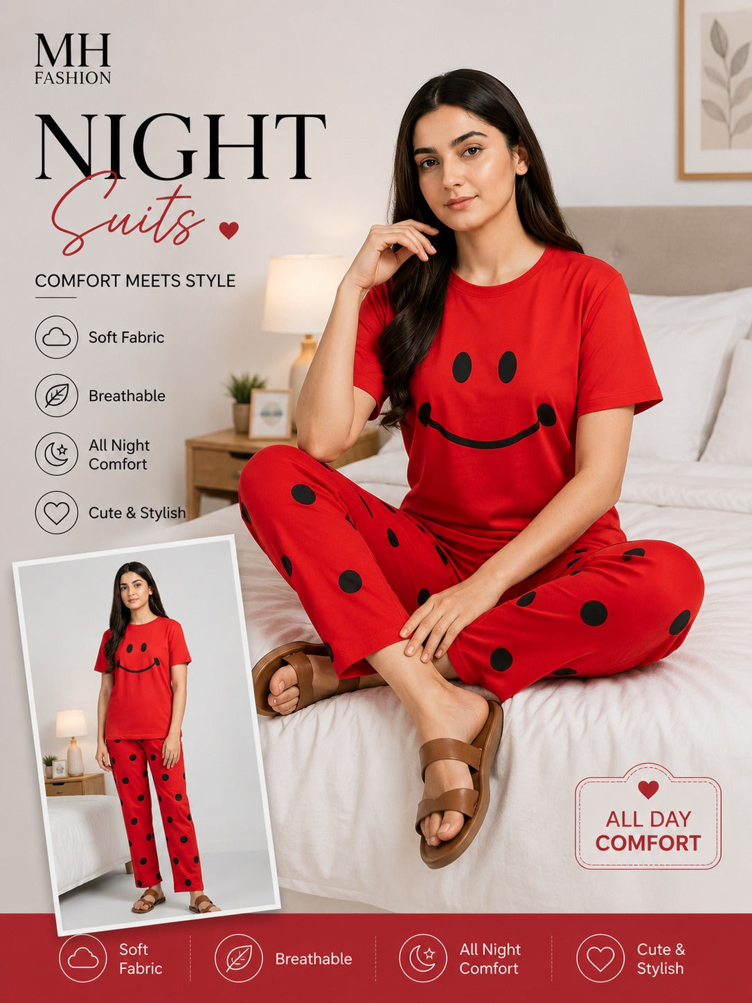 Red Smiley Print Women's Night Suit – Cotton Sleepwear Set - M.H fashion 
