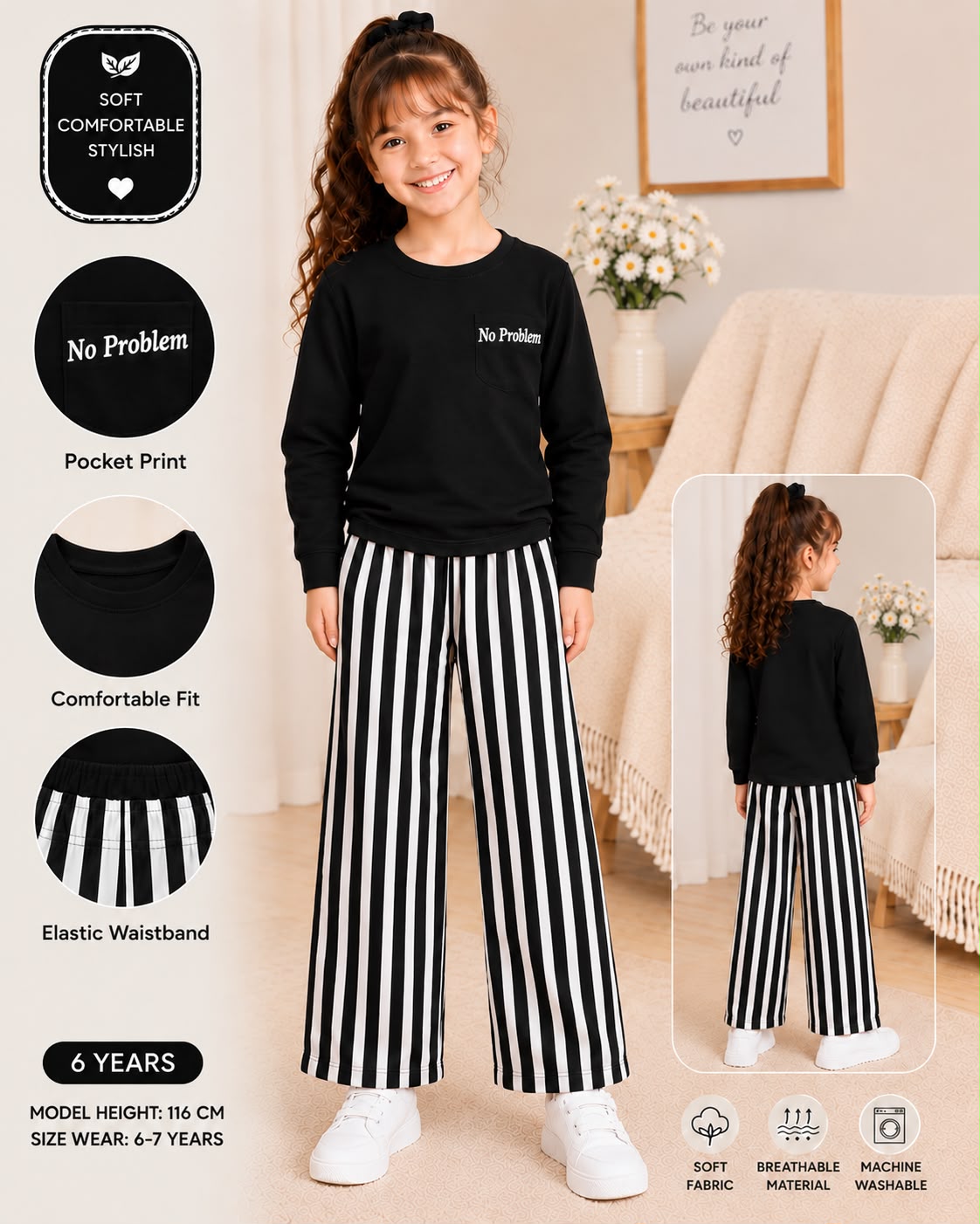 black lining printed kids summer night suits for girls