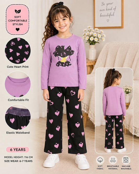 purple heart printed kids summer night suits for girls