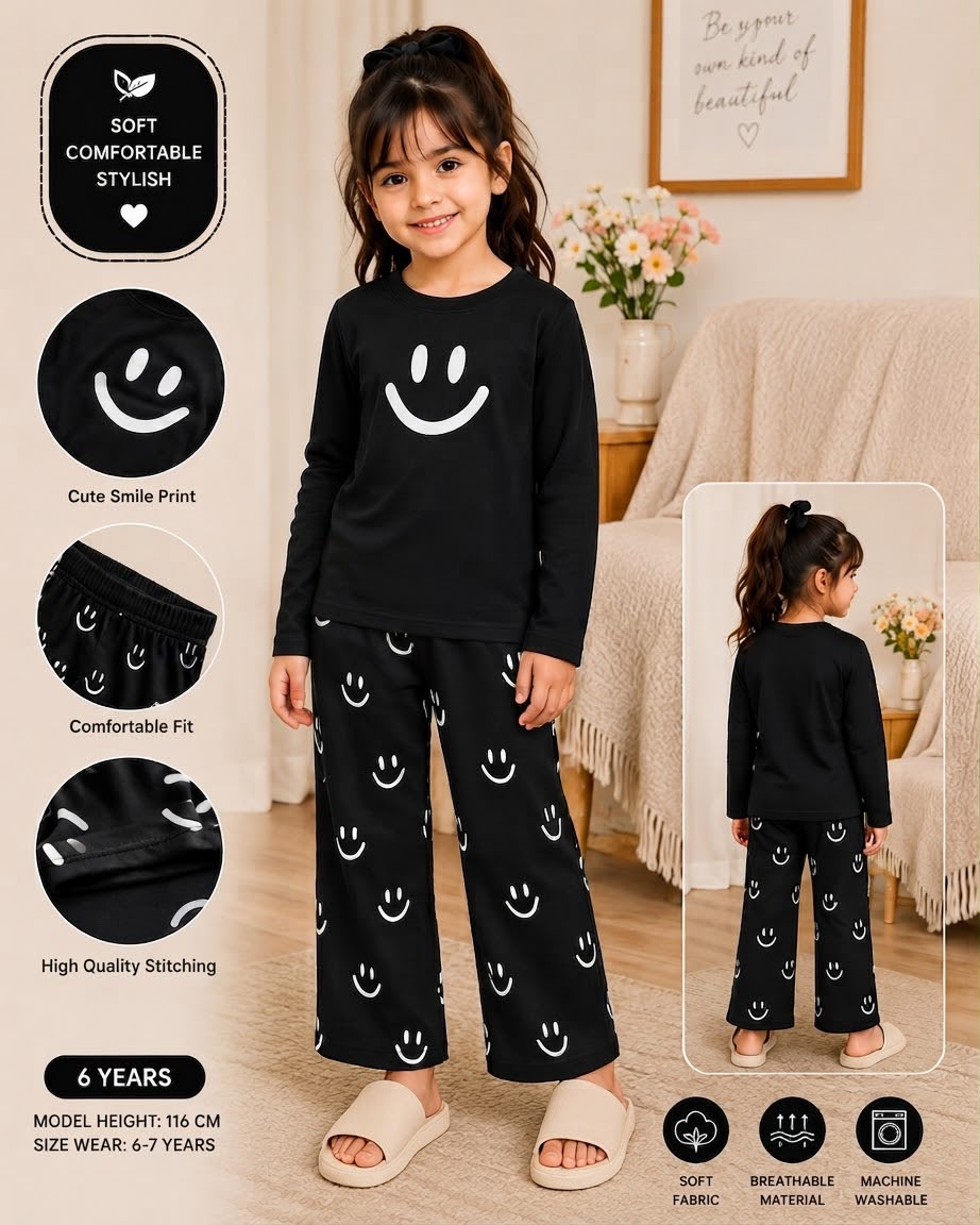 black smile printed kids summer night suits for girls
