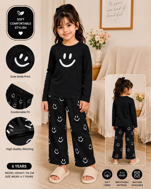 black smile printed kids summer night suits for girls
