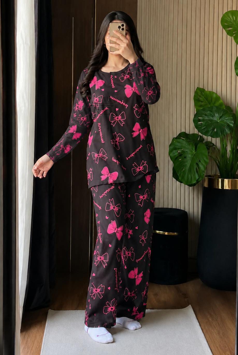 pink bow  full sleeves Print Women's Night Suit – Cotton Sleepwear Set - M.H fashion 