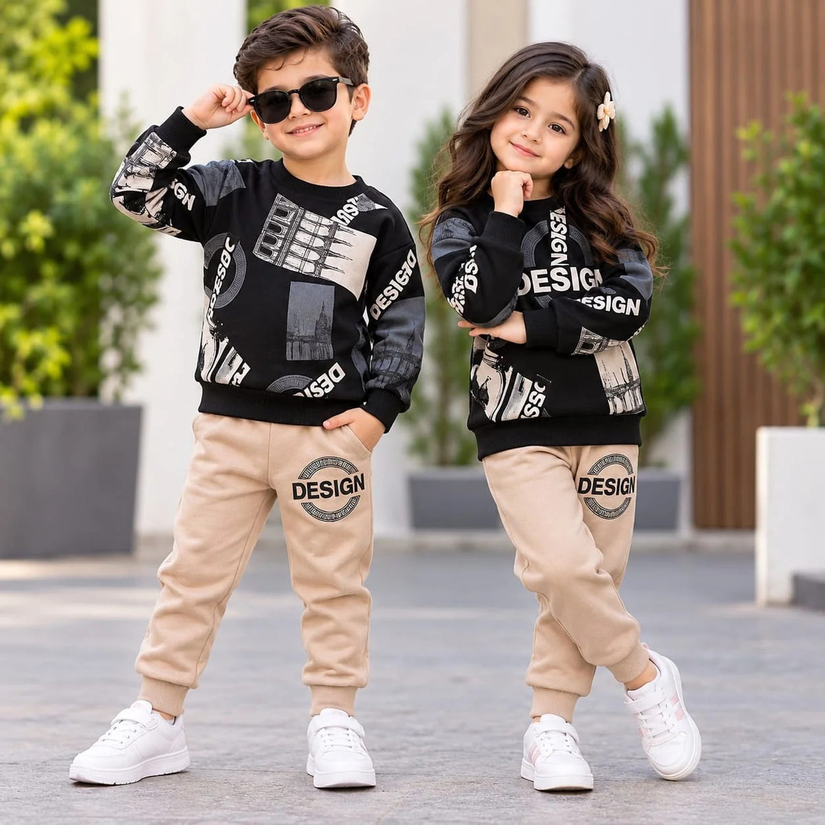 beige design printed kids suits winter pack of two