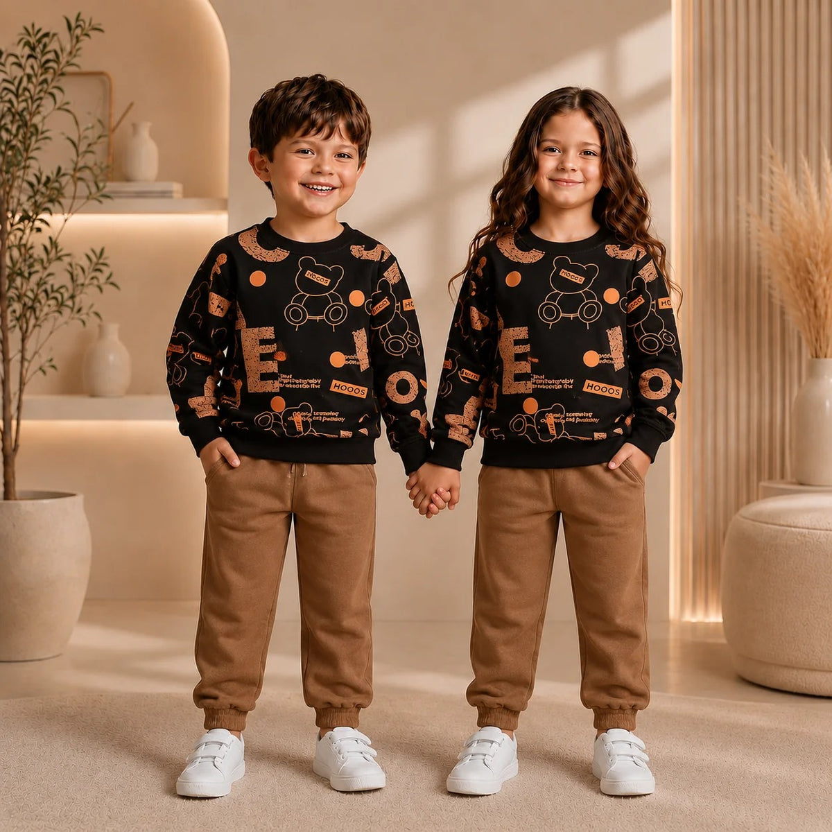 dark brown text design printed  kids suit for winter