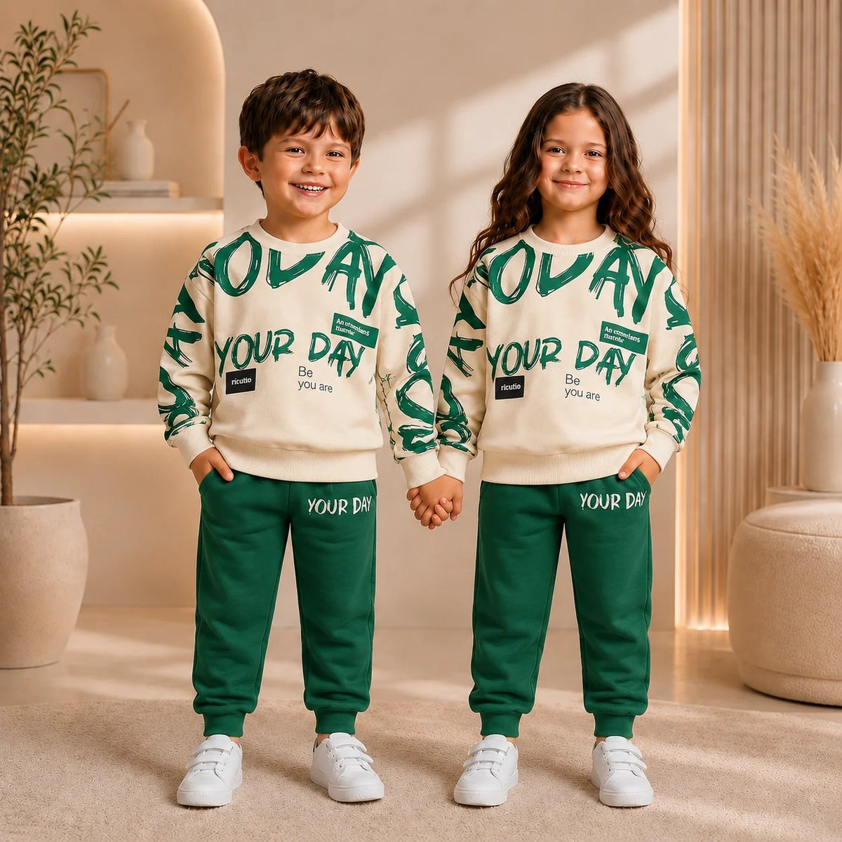 green your day printed  kids suit for winter