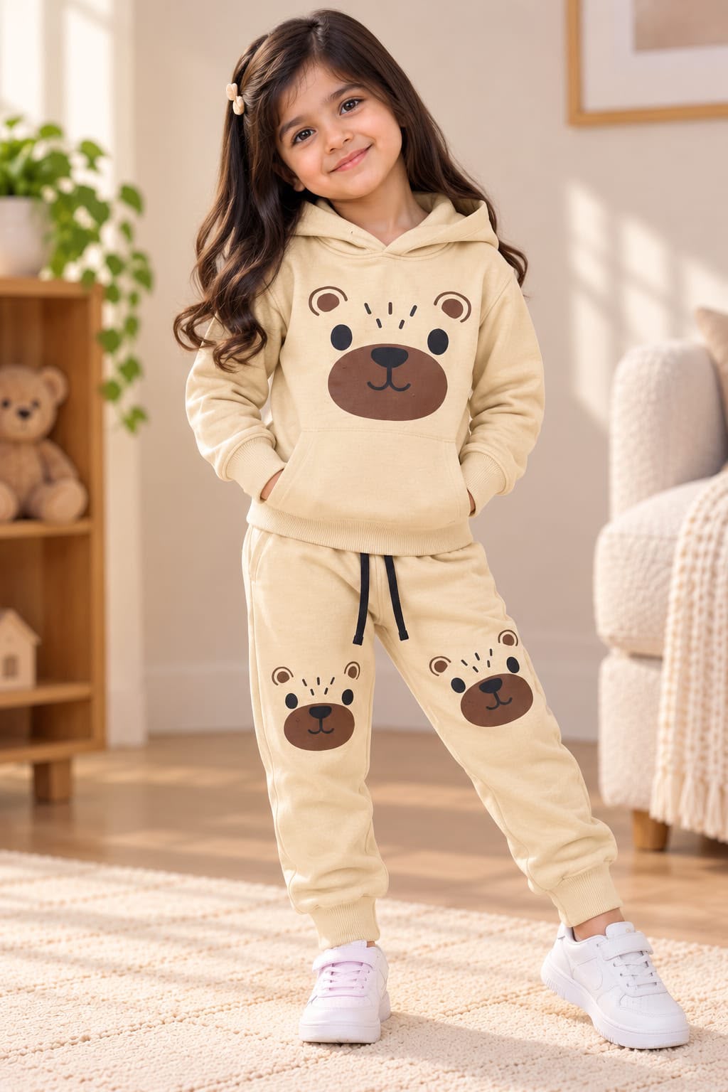 cream suit bear  design printed  kids suit for winter - M.H fashion 