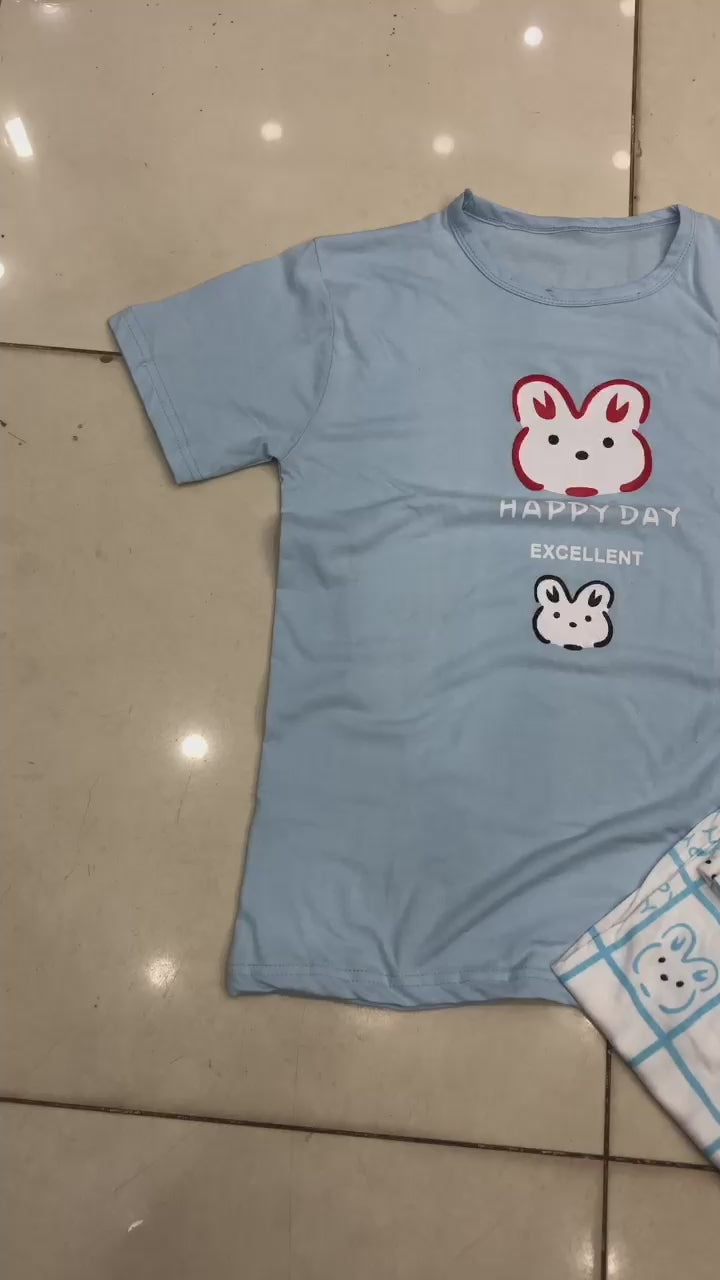 BLUE RABBIT DESIGN NIGHT DRESS IN COTTON FABRIC