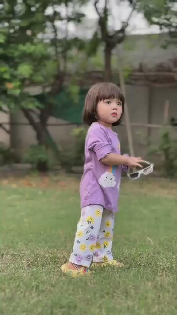 purple ranbow  printed  kids night suits for girls